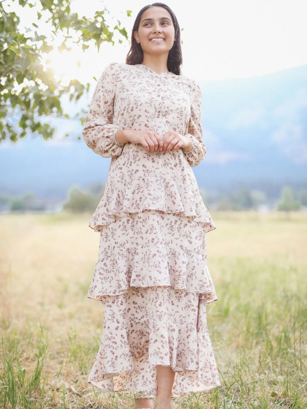 Dainty Jewells Fate Found US Beige and Brown Floral Tiered Maxi Dress XL